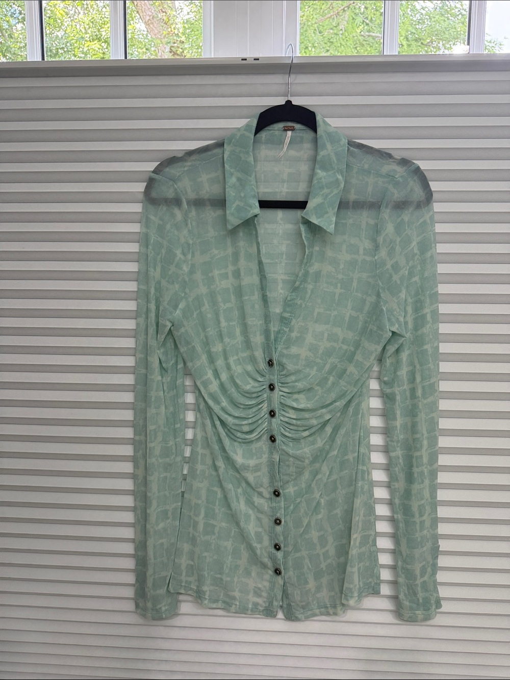 Free People Mint Green Ruched Button-Down Top